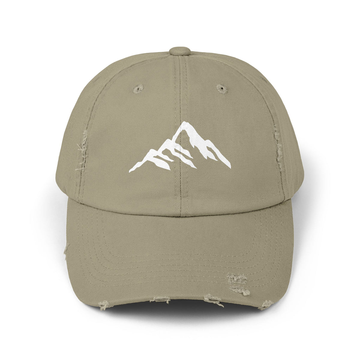 Distressed Mountain Hat — Minimal White Peak Embroidered Cap Hats Printify Light Olive One size