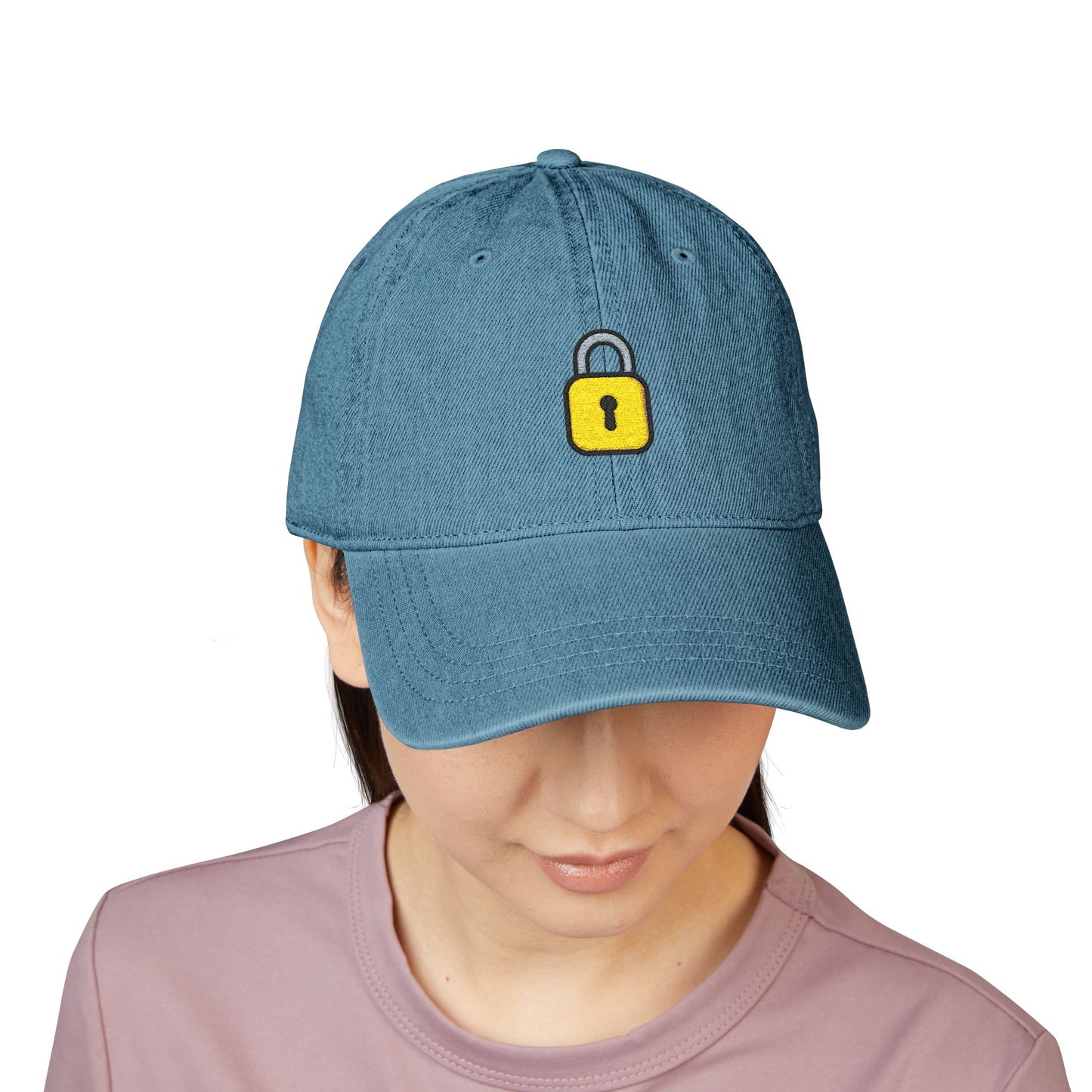 Embroidered Lock Denim Hat — Minimal Yellow Padlock Cap