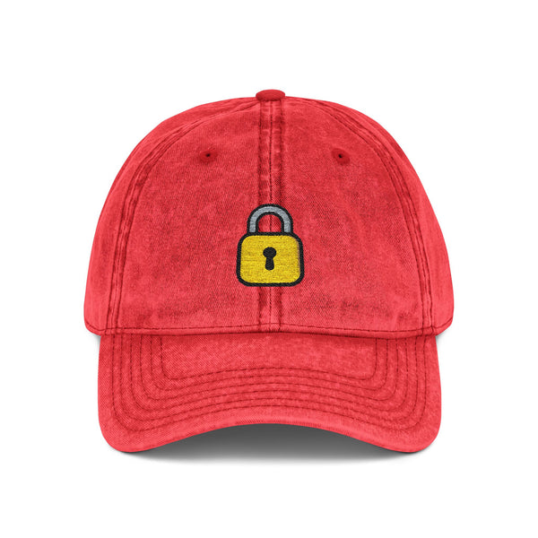 Embroidered Vintage Cap — Yellow Lock Patch Hat Hats Printify One size Red