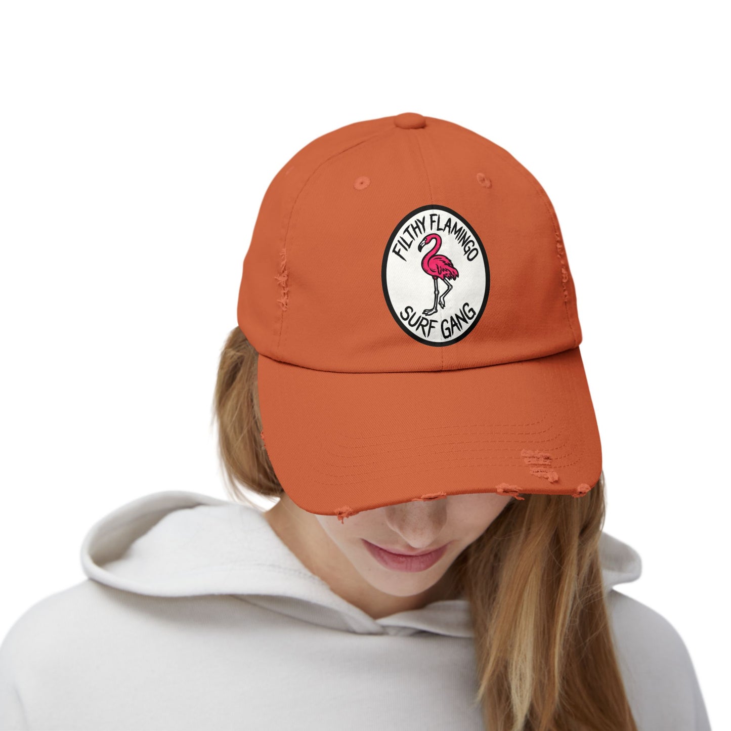 Distressed Surf Cap — "Filthy Flamingo Surf Gang" Embroidered Patch Hat