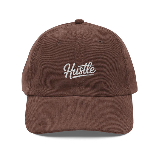 Vintage Corduroy Cap — Embroidered "Hustle" Script Dad Hat Hats Printify Dark Brown One size