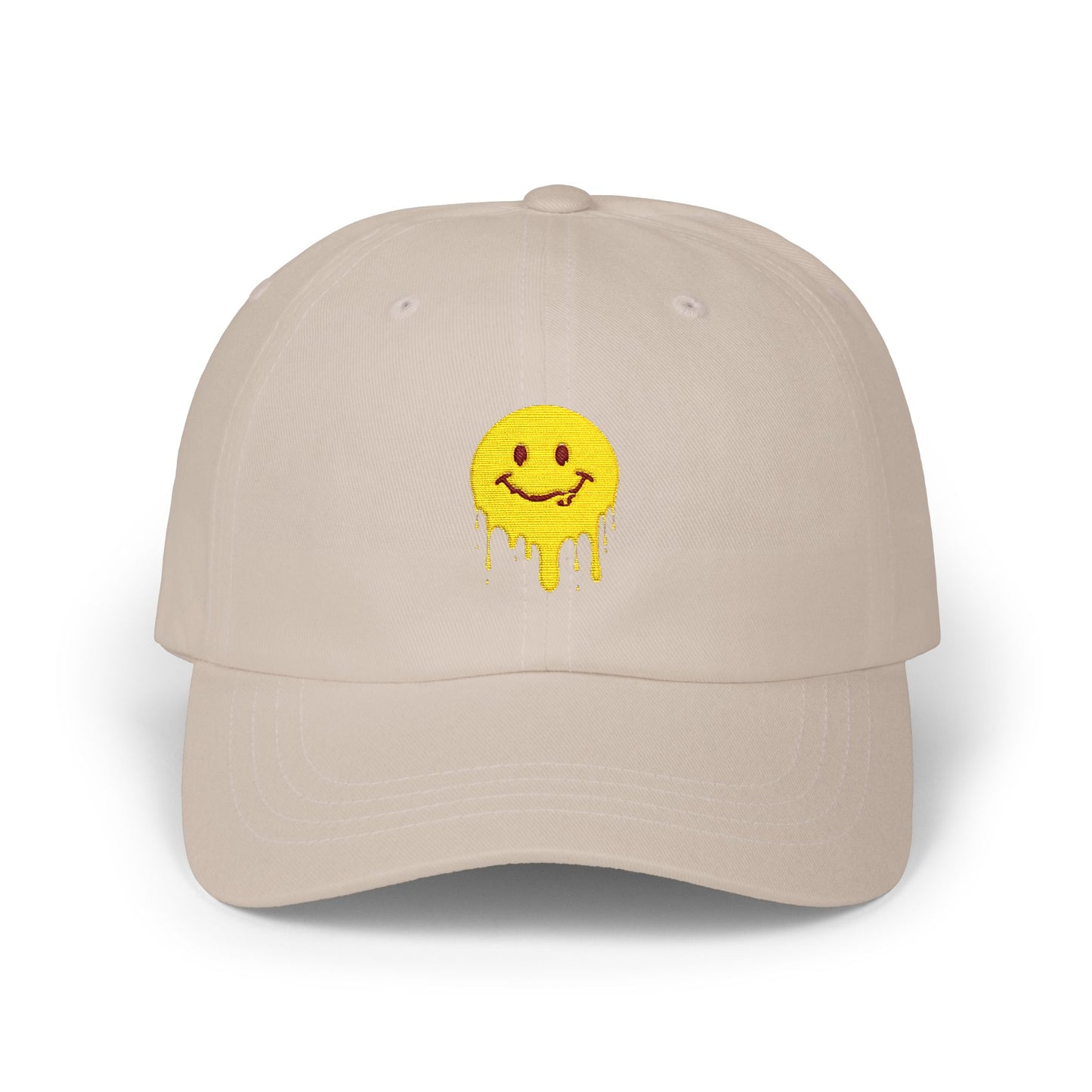 Smiling Melt Dad Cap — Dripping Smiley Embroidered Baseball Hat Hats Printify Stone One size