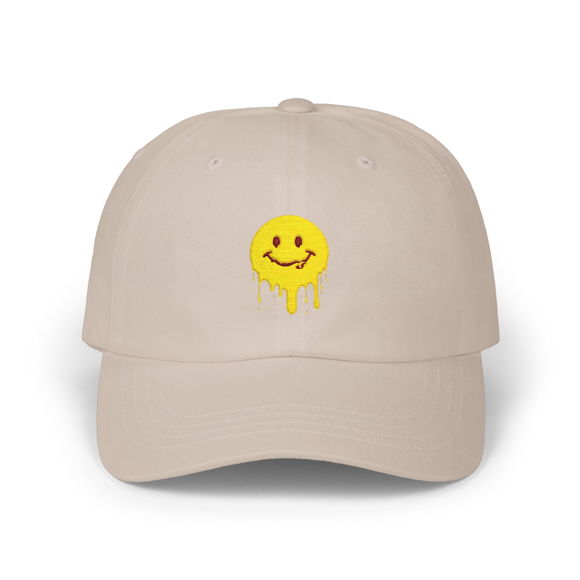 Smiling Melt Dad Cap — Dripping Smiley Embroidered Baseball Hat Hats Printify Stone One size