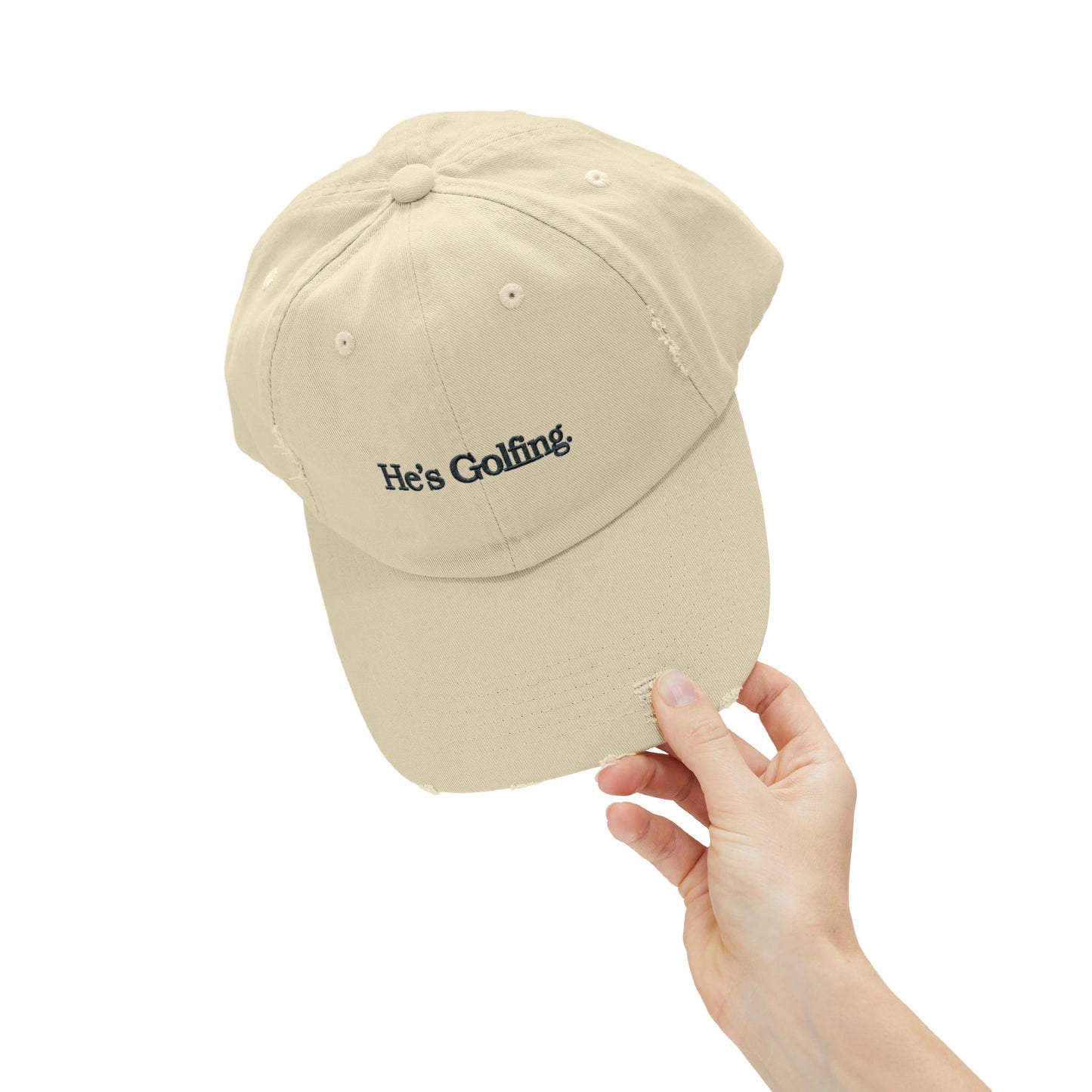 He's Goin' Distressed Dad Hat — Vintage Black Embroidered Cap