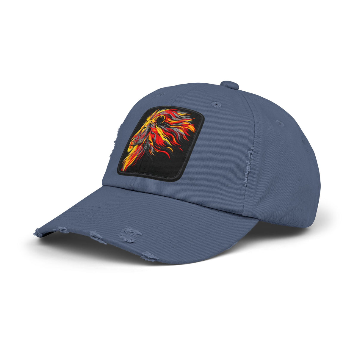 Distressed Cap — Vibrant Flame Lion Embroidered Baseball Hat Hats Printify