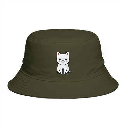 Brown Bucket Hat with Cute White Cat Embroidery — Casual Cat Lover Accessory Hats Printify One size Army