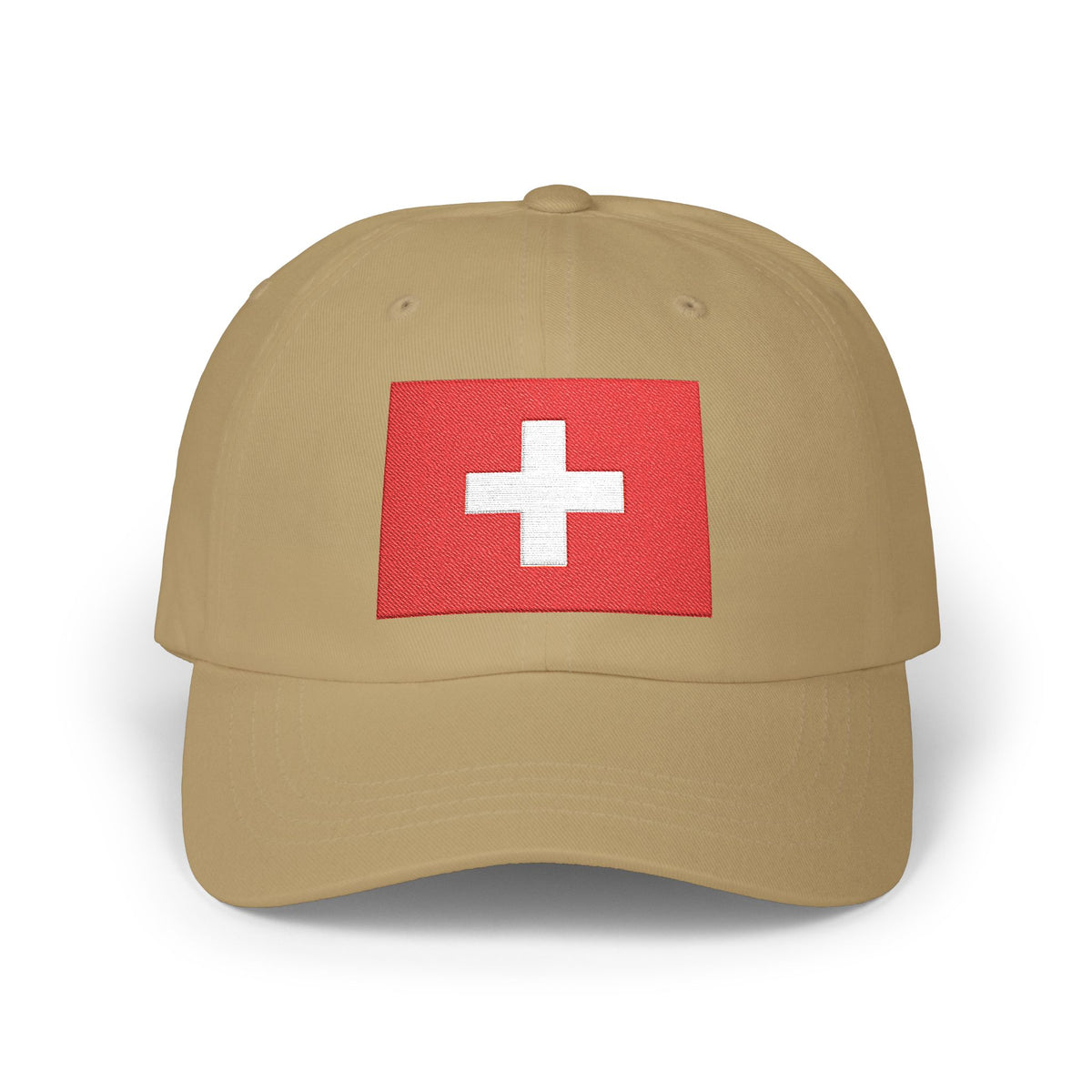 Dad Cap with Swiss Flag Embroidered Patch — Classic White Adjustable Hat Hats Printify Khaki One size