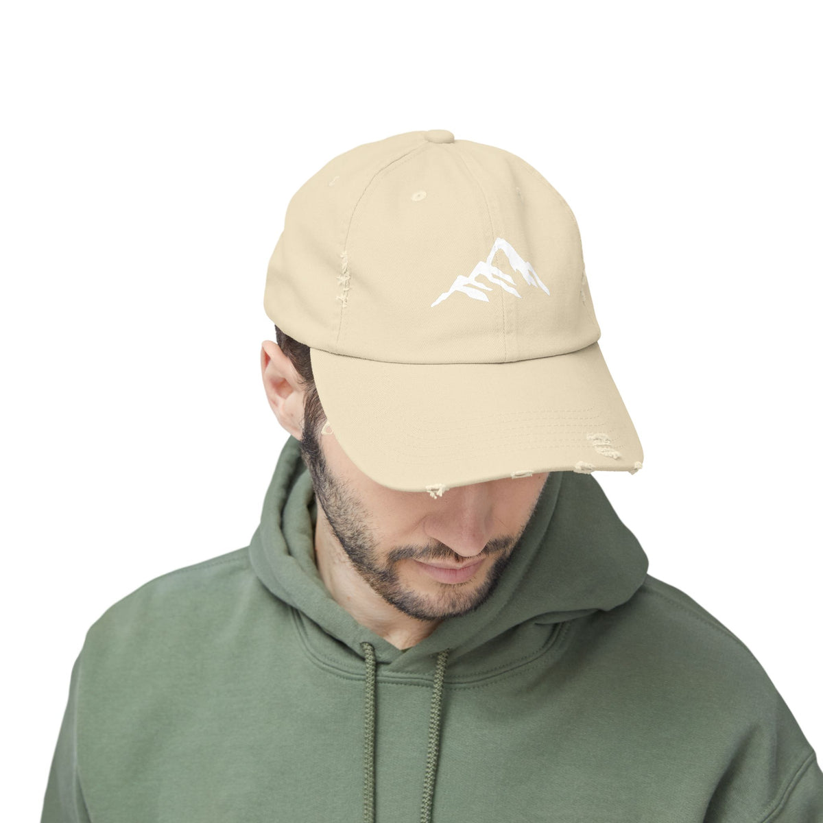Distressed Mountain Hat — Minimal White Peak Embroidered Cap Hats Printify