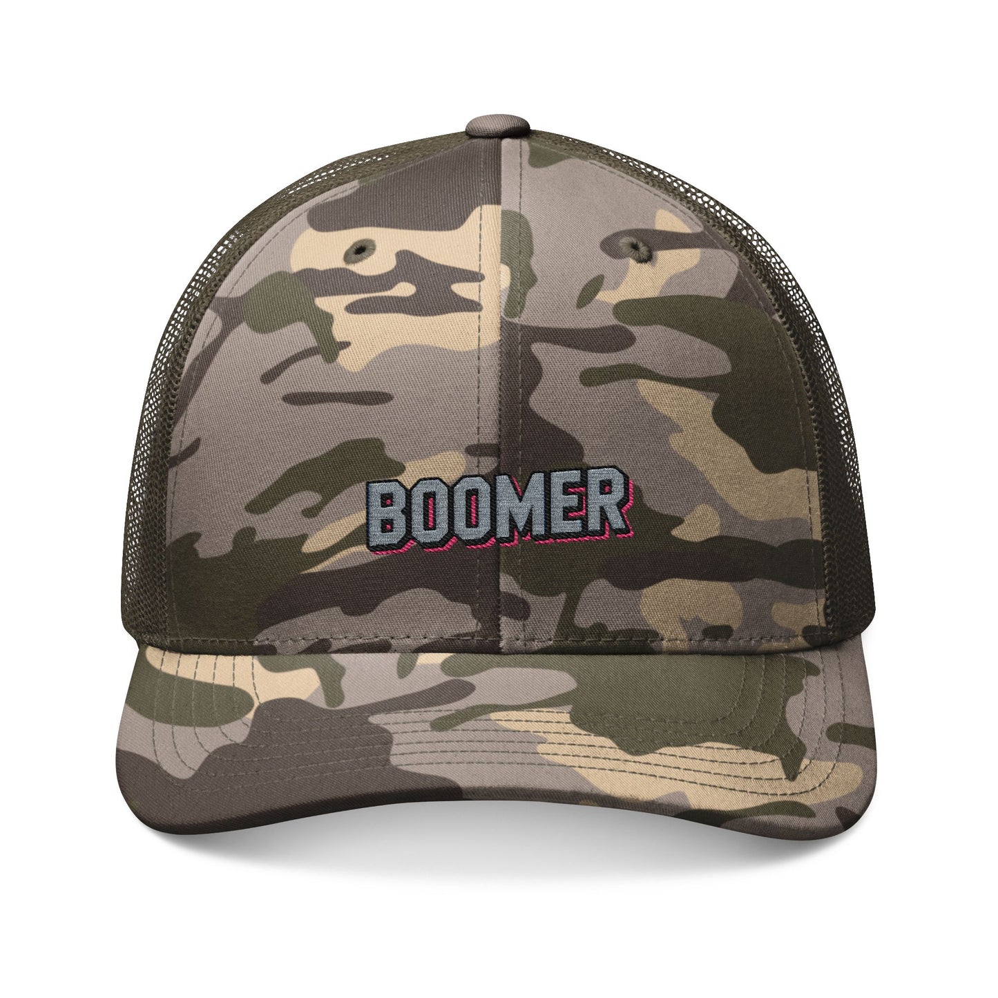 Camouflage Trucker Hat — Embroidered "Boomer" Patch Hats Printify One size Camo Olive