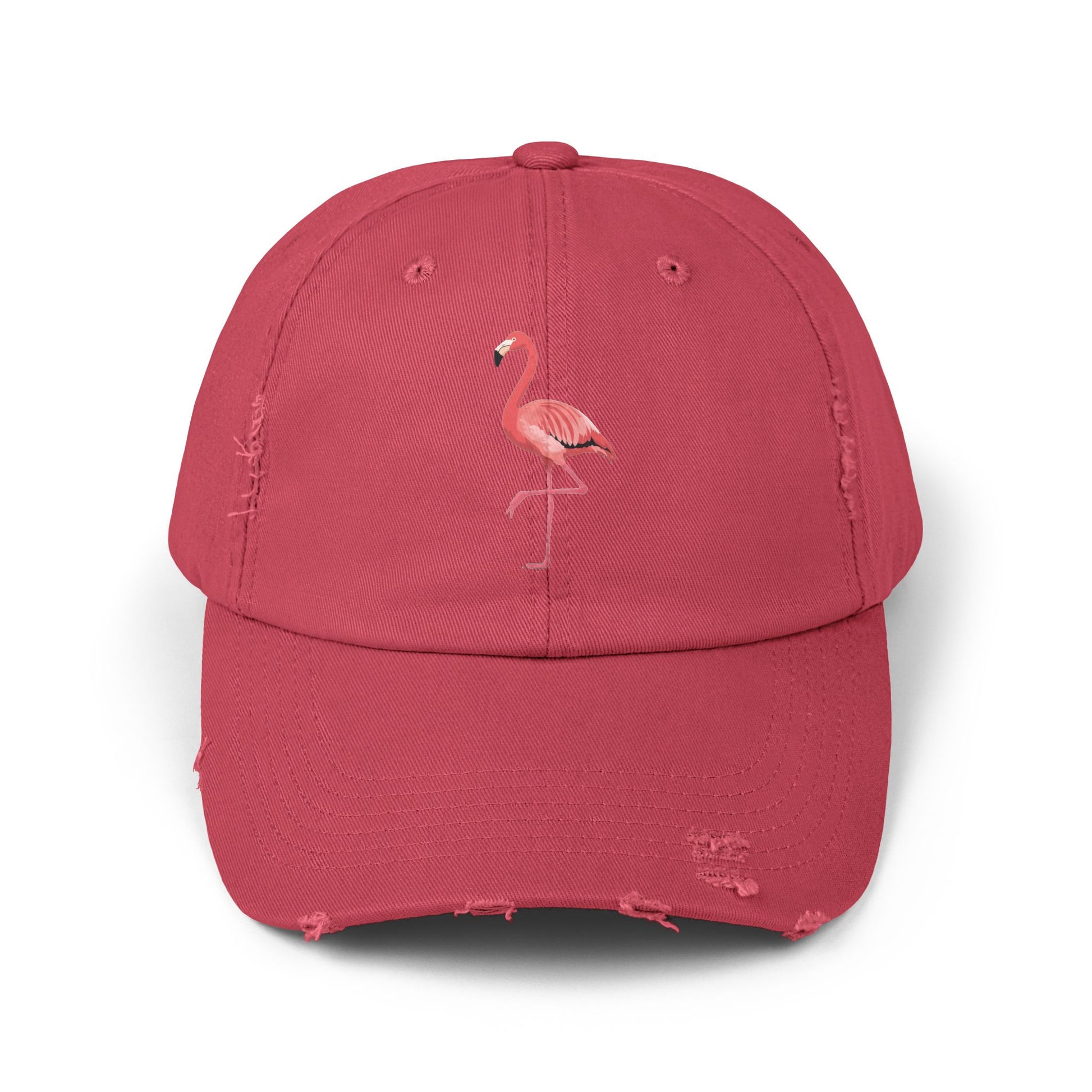 Distressed Flamingo Cap — Embroidered Pink Flamingo Baseball Hat Hats Printify Dashing Red One size
