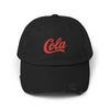 Distressed 'Cola' Vintage Baseball Cap – Retro Script Logo Hat Hats Printify Black One size