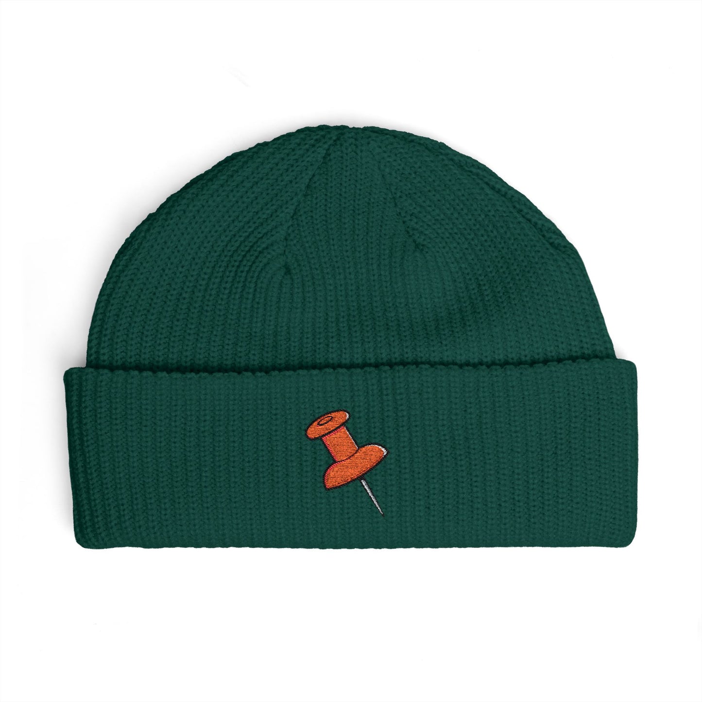 Cuff Beanie with Orange Pushpin Embroidery – Casual Streetwear Knit Hat Hats Printify