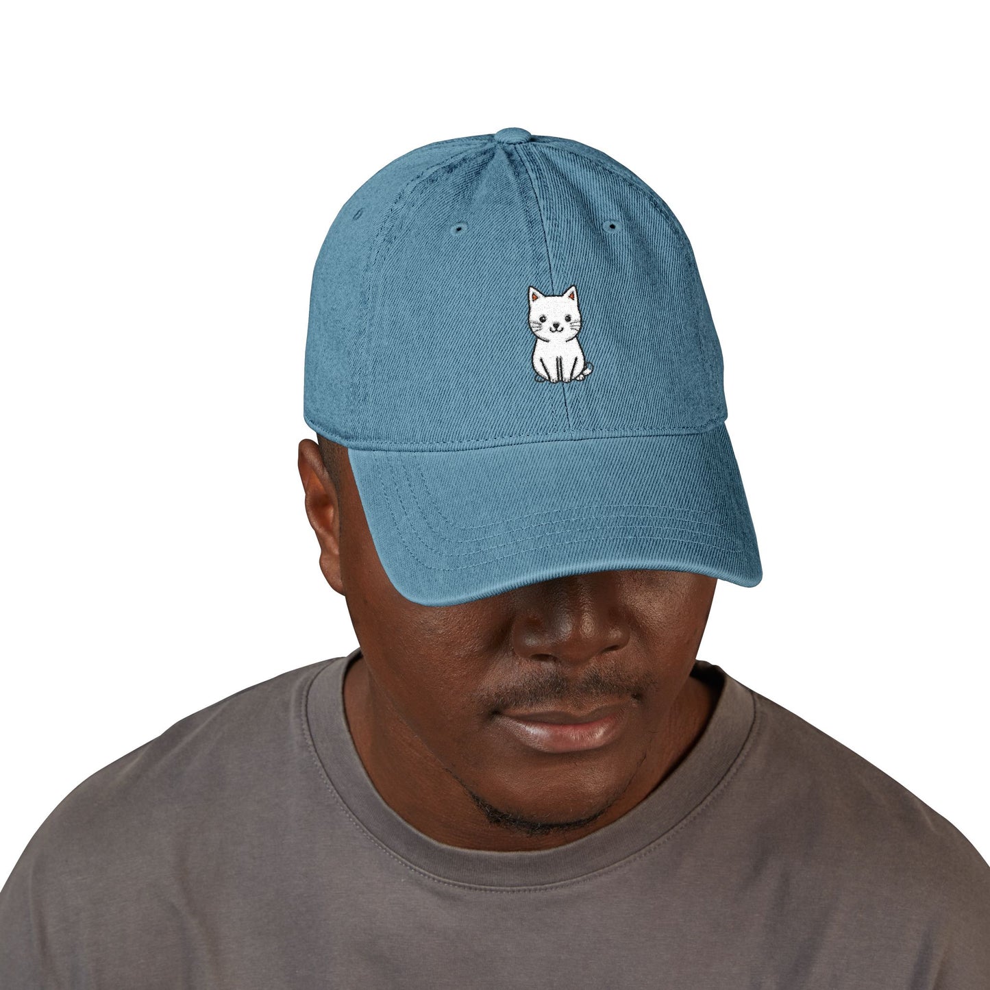 Embroidered White Kitten Denim Hat — Cute Cat Baseball Cap Hats Printify