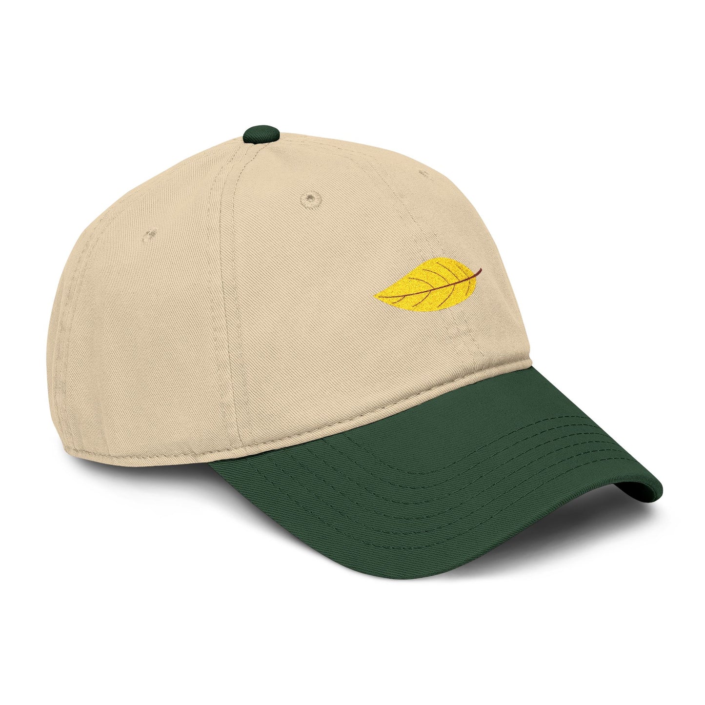 Washed Cotton Baseball Cap with Embroidered Yellow Leaf – Casual Fall Hat