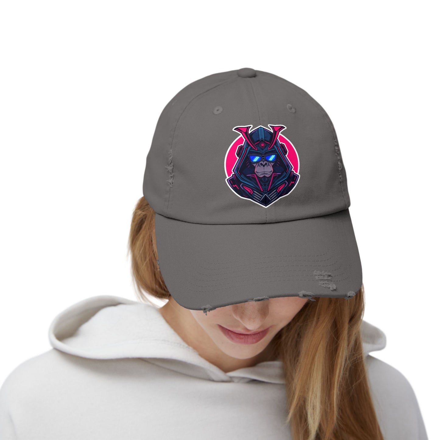 Samurai Skull Distressed Cap — Neon Retro Gamer Hat