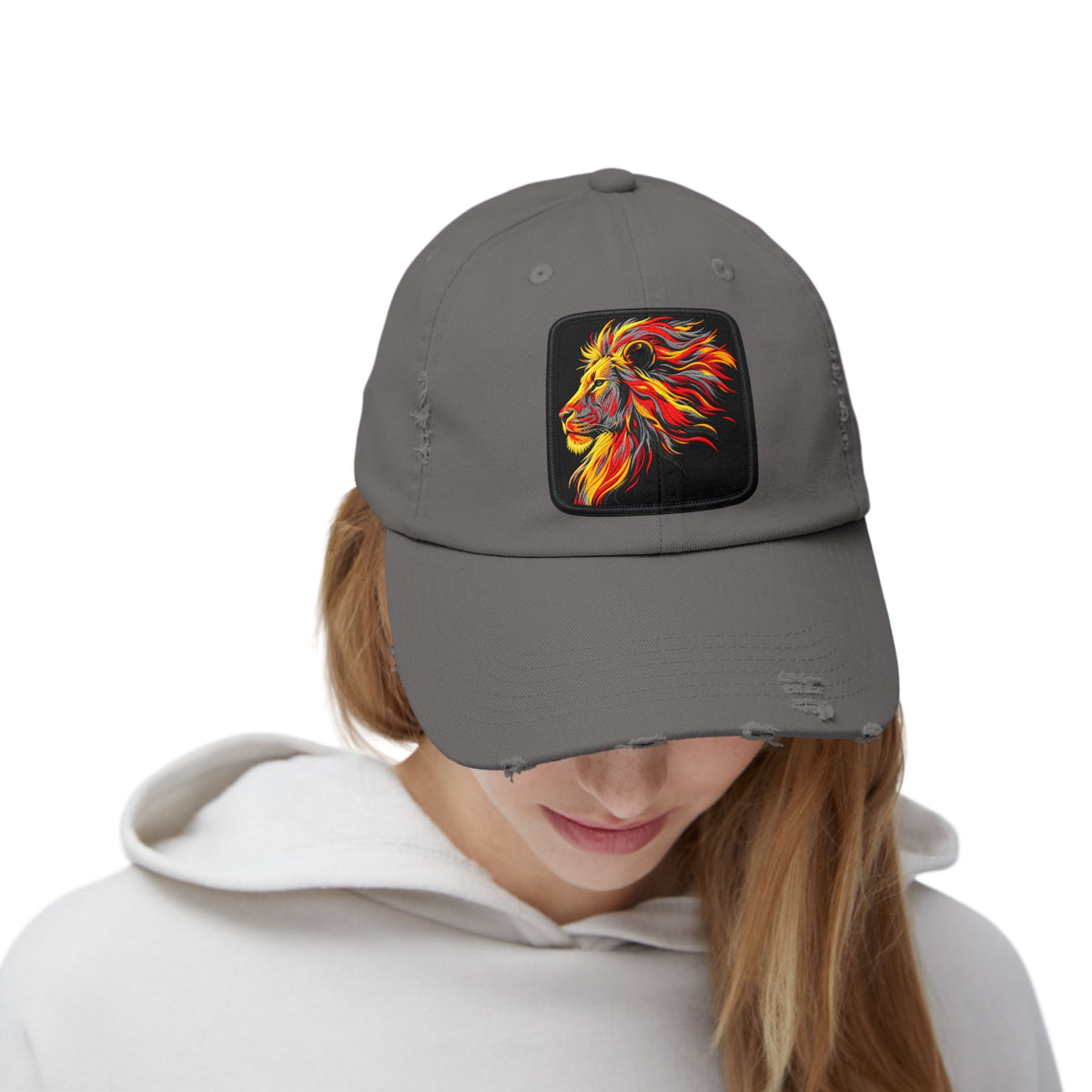 Distressed Cap — Vibrant Flame Lion Embroidered Baseball Hat