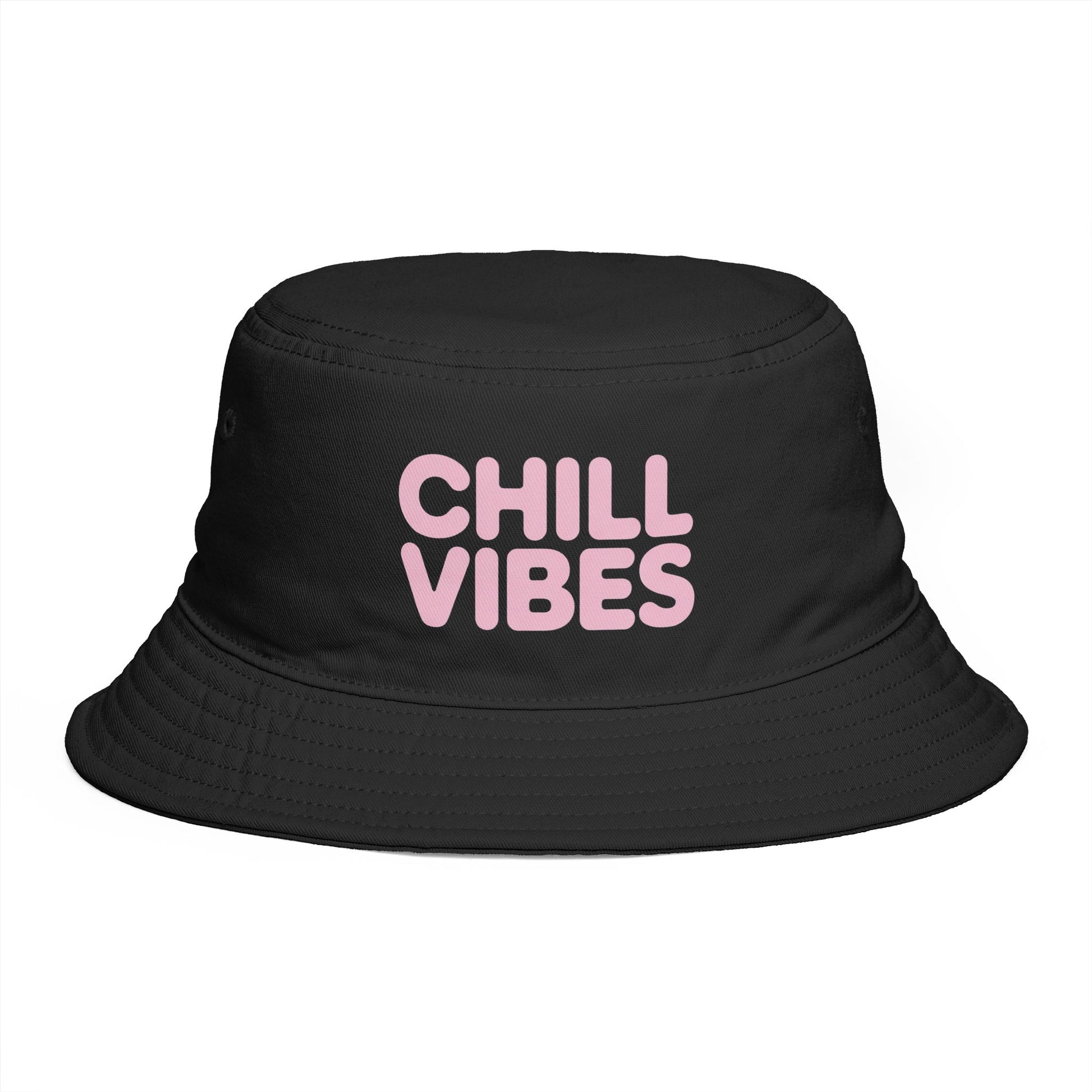 Chill Vibes Bucket Hat — Retro Pink Text Cotton Sun Hat Hats Printify One size Black