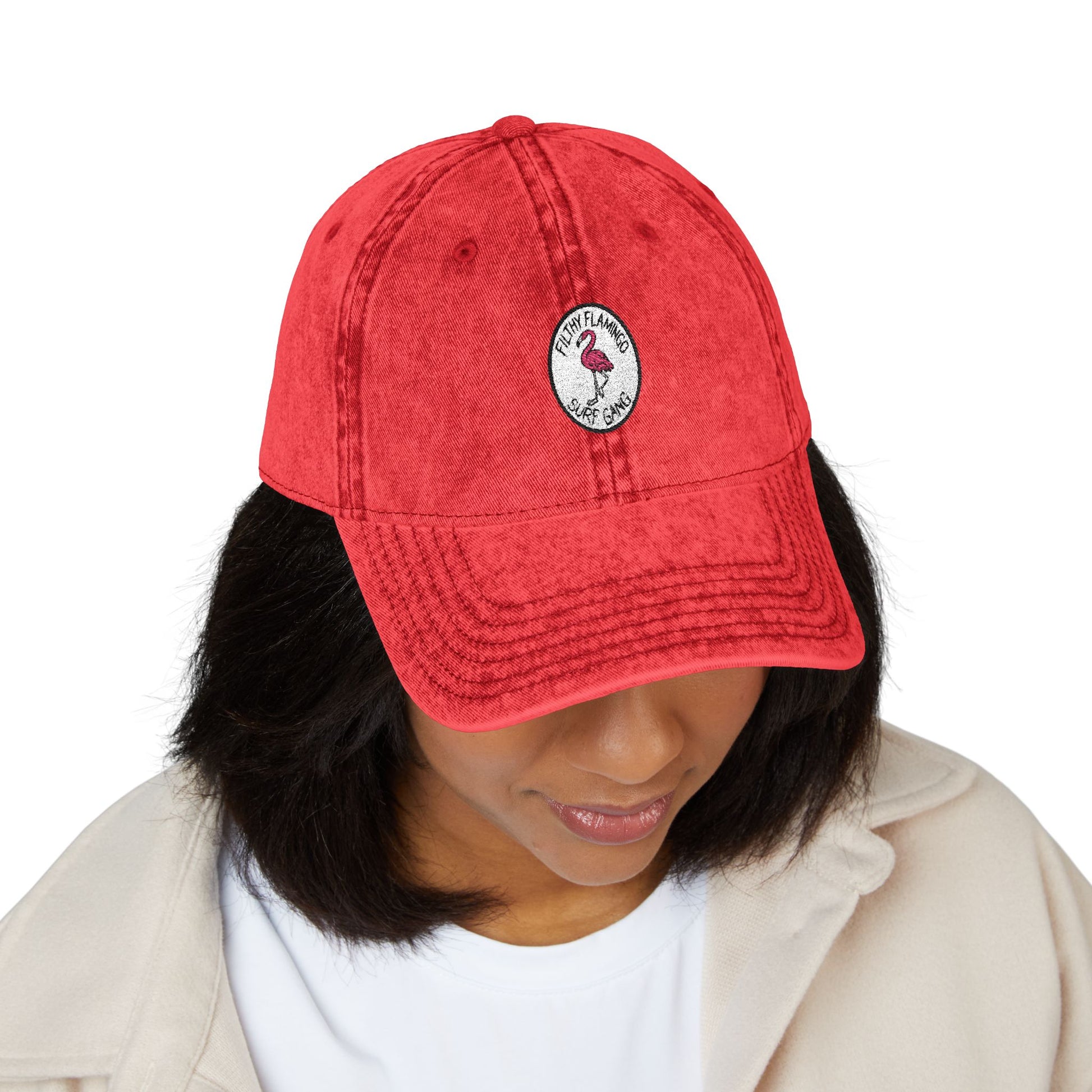 Vintage Embroidered Flamingo Cap — Washed Red Baseball Hat Hats Printify