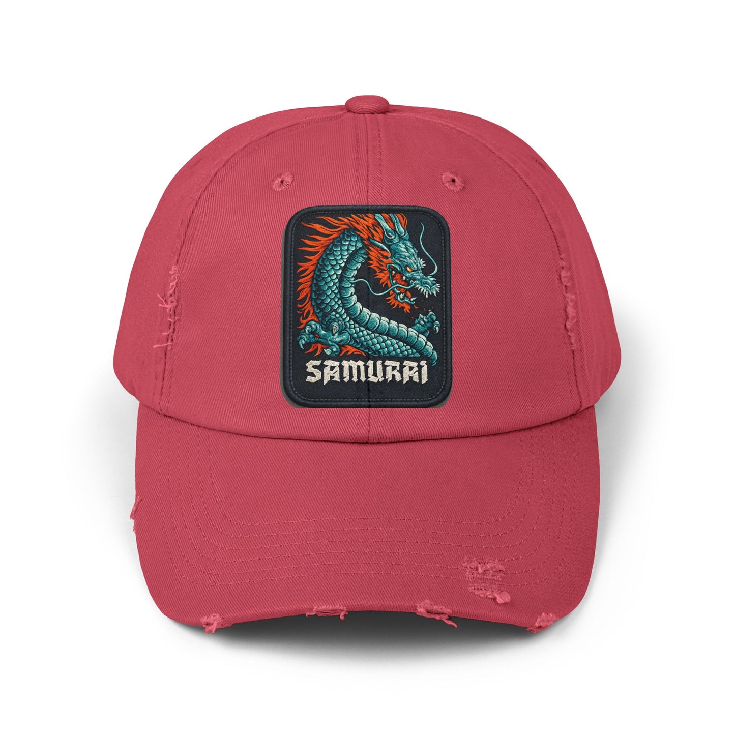Distressed Samurai Dragon Cap — Vintage Retro Japanese Dragon Baseball Hat Hats Printify Dashing Red One size