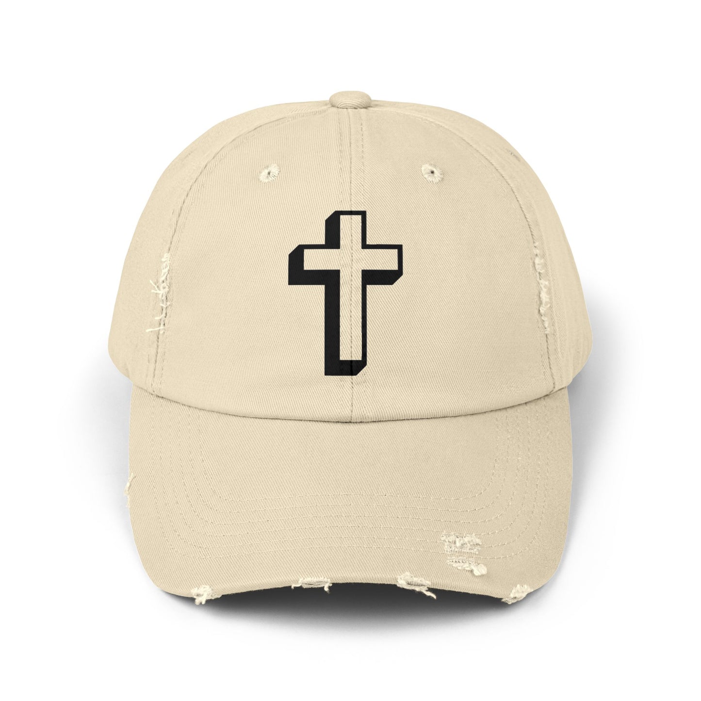 Distressed Black Cross Cap — Vintage Christian Baseball Hat Hats Printify Stone One size