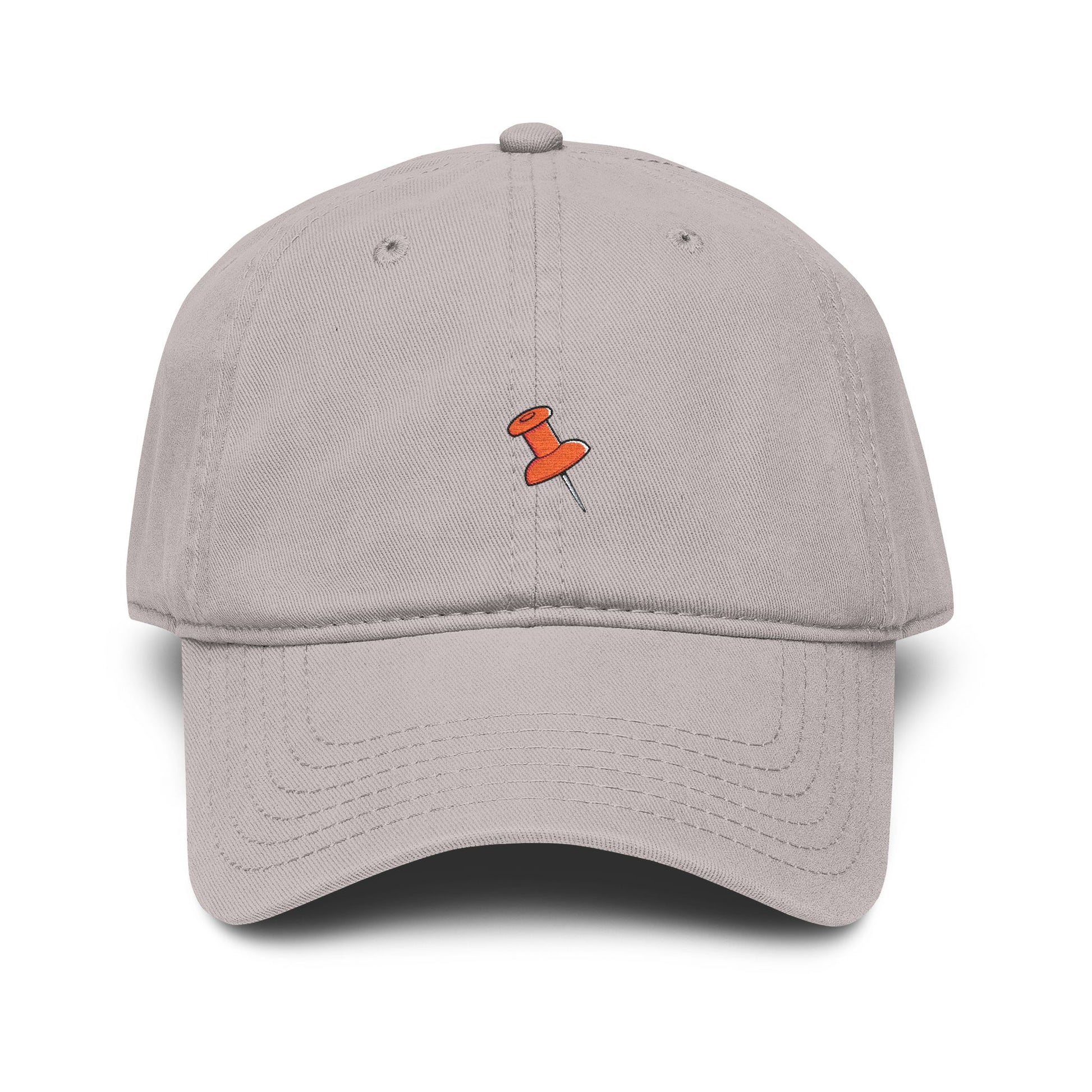 Washed Baseball Cap with Tiny Orange Pushpin Embroidery — Casual Everyday Hat Hats Printify One size Gray