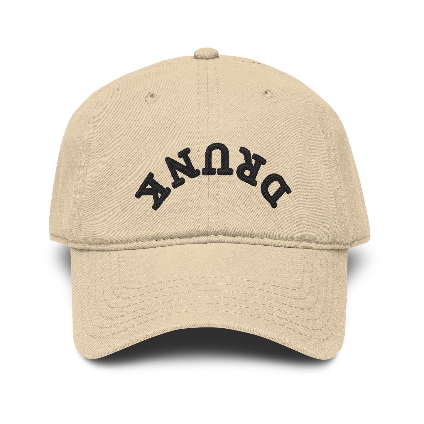 Washed Baseball Cap with 'DRUNK' Embroidered Arch – Vintage Distressed Dad Hat