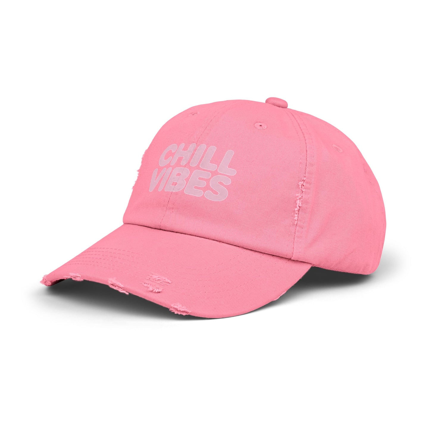 Chill Vibes Distressed Cap — Pink Text Casual Baseball Hat