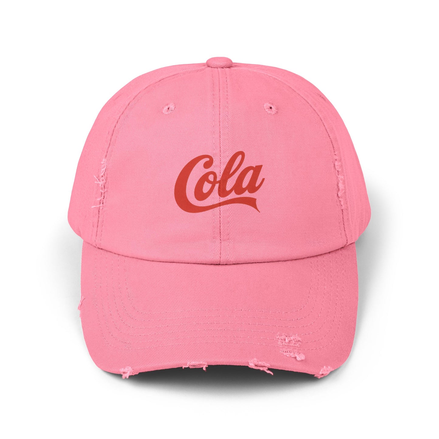 Distressed 'Cola' Vintage Baseball Cap – Retro Script Logo Hat Hats Printify True Pink One size