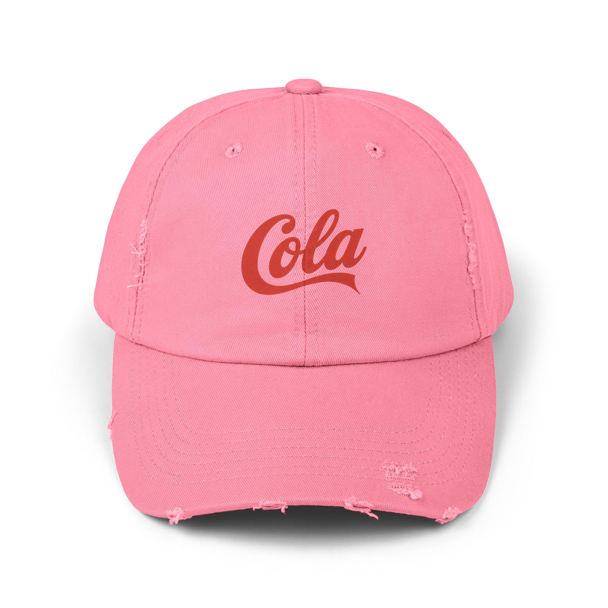 Distressed 'Cola' Vintage Baseball Cap – Retro Script Logo Hat Hats Printify True Pink One size