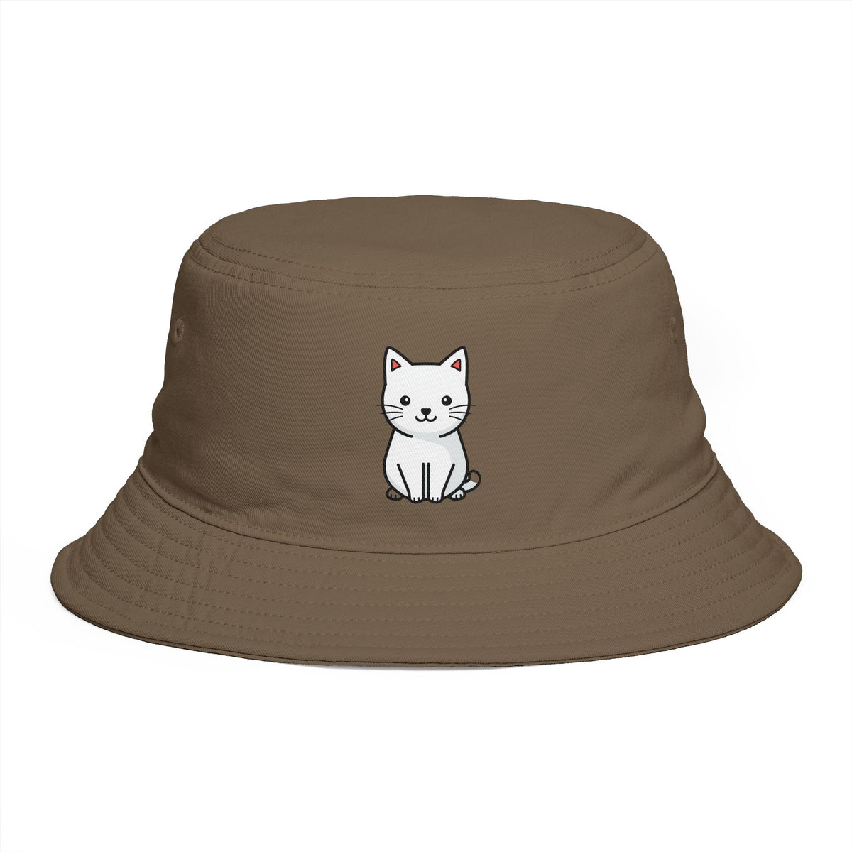 Brown Bucket Hat with Cute White Cat Embroidery — Casual Cat Lover Accessory Hats Printify