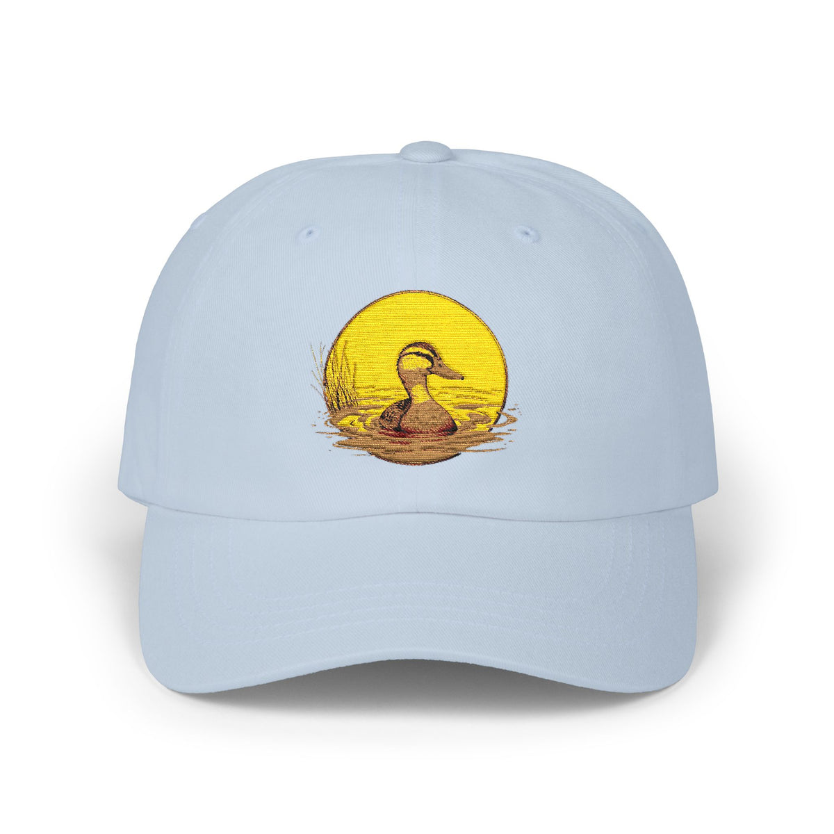 Duck Sunset Dad Cap — Embroidered Duck on Yellow Sun Baseball Hat Hats Printify Light Blue One size