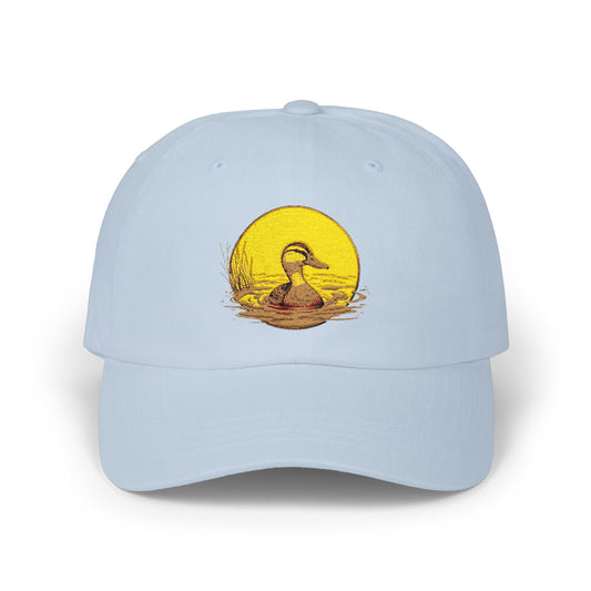 Duck Sunset Dad Cap — Embroidered Duck on Yellow Sun Baseball Hat Hats Printify Light Blue One size