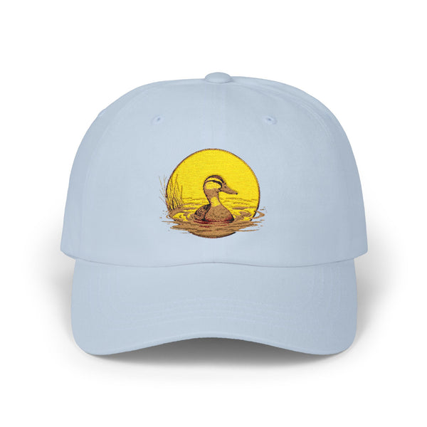 Duck Sunset Dad Cap — Embroidered Duck on Yellow Sun Baseball Hat Hats Printify Light Blue One size