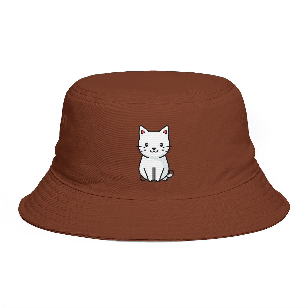 Brown Bucket Hat with Cute White Cat Embroidery — Casual Cat Lover Accessory Hats Printify