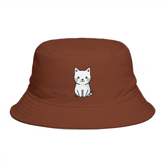 Brown Bucket Hat with Cute White Cat Embroidery — Casual Cat Lover Accessory Hats Printify