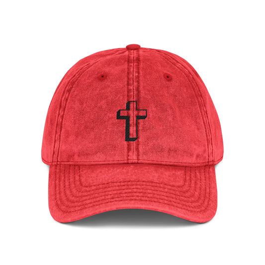 Vintage Embroidered Cross Cap — Distressed Red Dad Hat Hats Printify One size Red