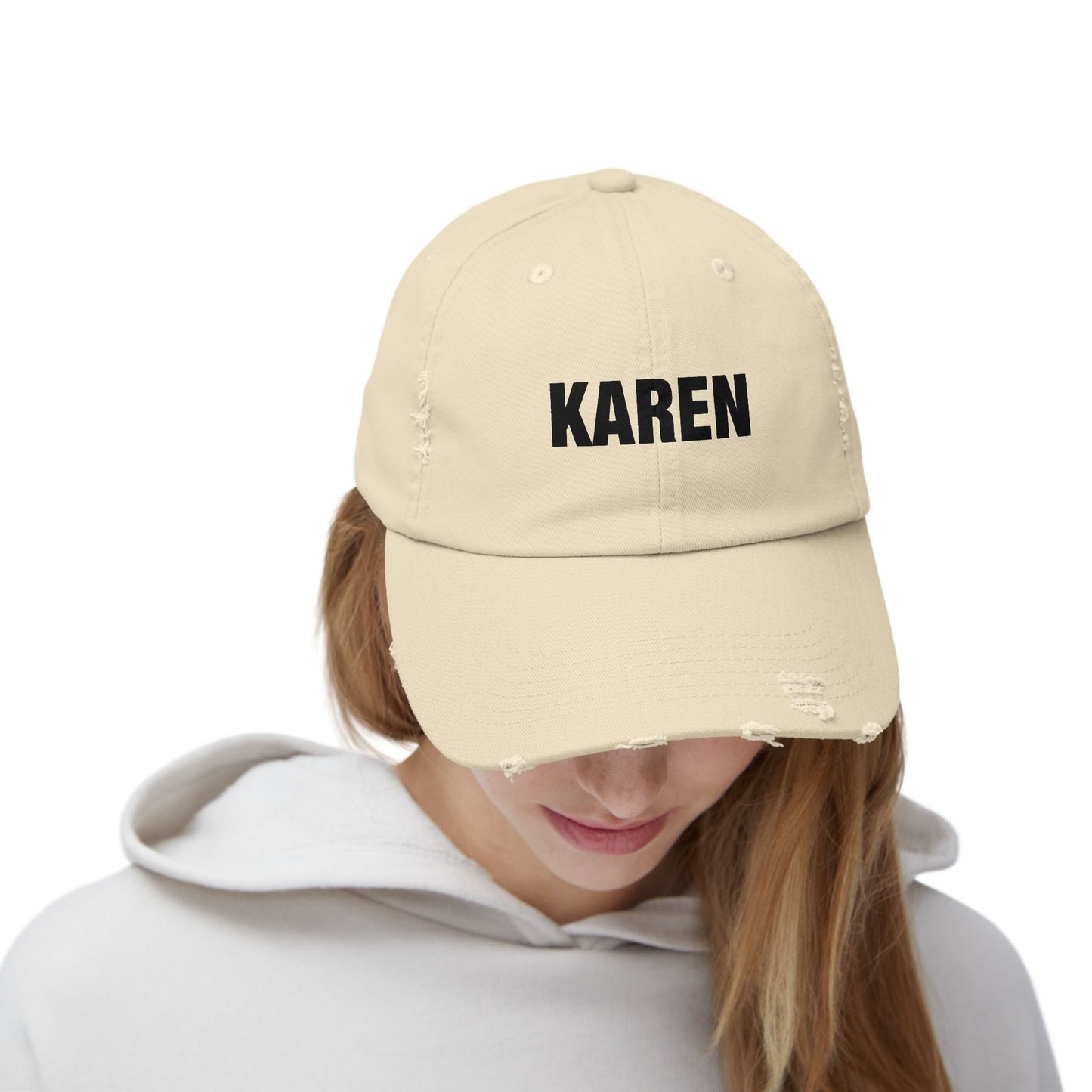 Distressed 'Karen' Baseball Cap — Black Embroidered Name Hat Hats Printify