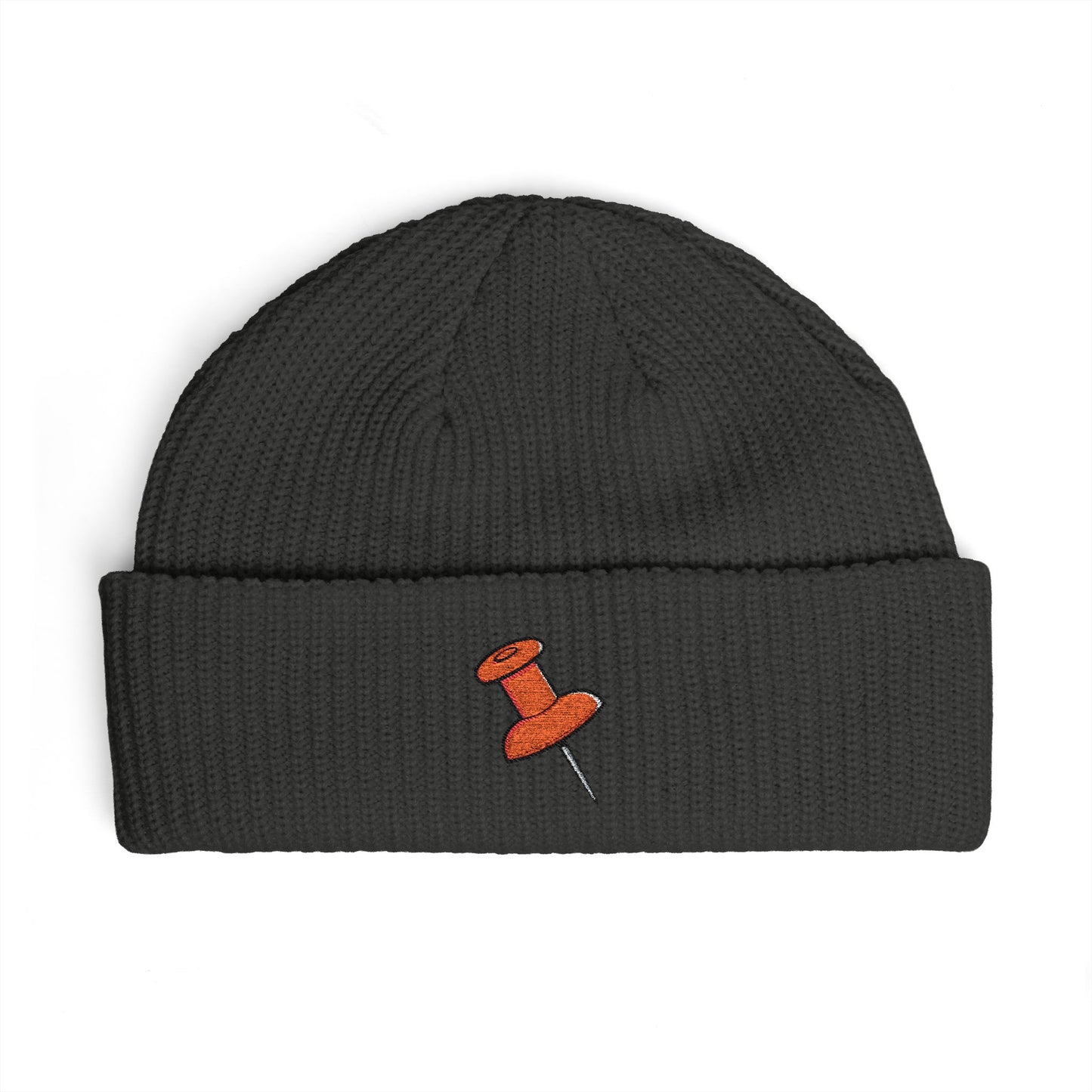 Cuff Beanie with Orange Pushpin Embroidery – Casual Streetwear Knit Hat Hats Printify One size Coal