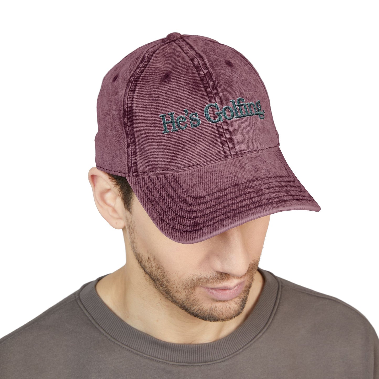 He’s Golfing Embroidered Vintage Cap — Washed Red Golf Dad Hat