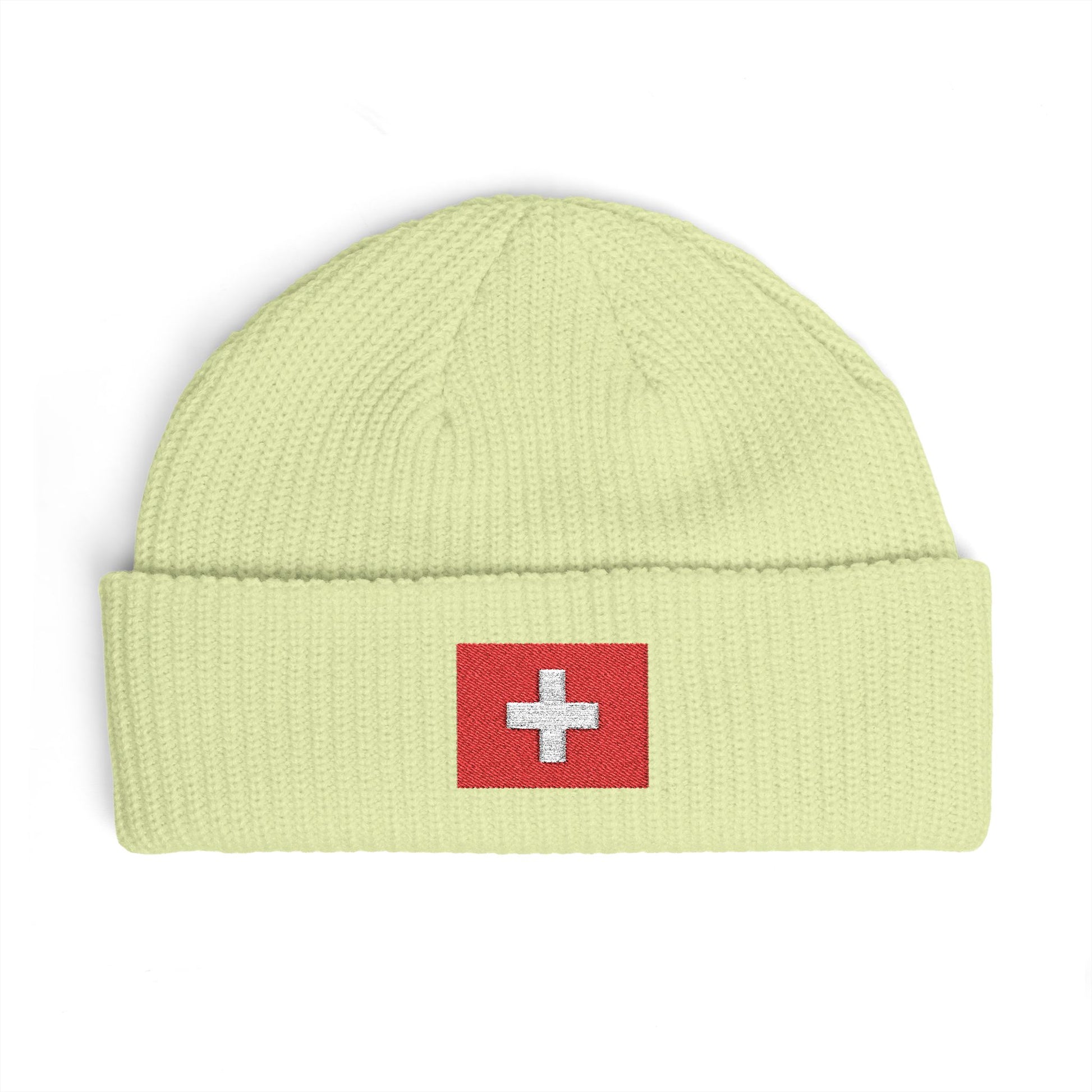 Swiss Cross Cuff Beanie — Embroidered Red Flag Patch Winter Hat Hats Printify