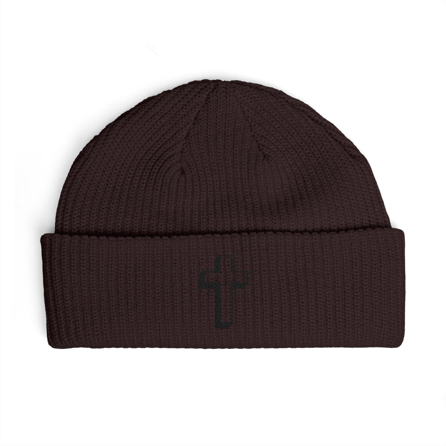 Embroidered Cross Cuff Beanie — Minimal Faith Knit Hat Hats Printify One size Plum