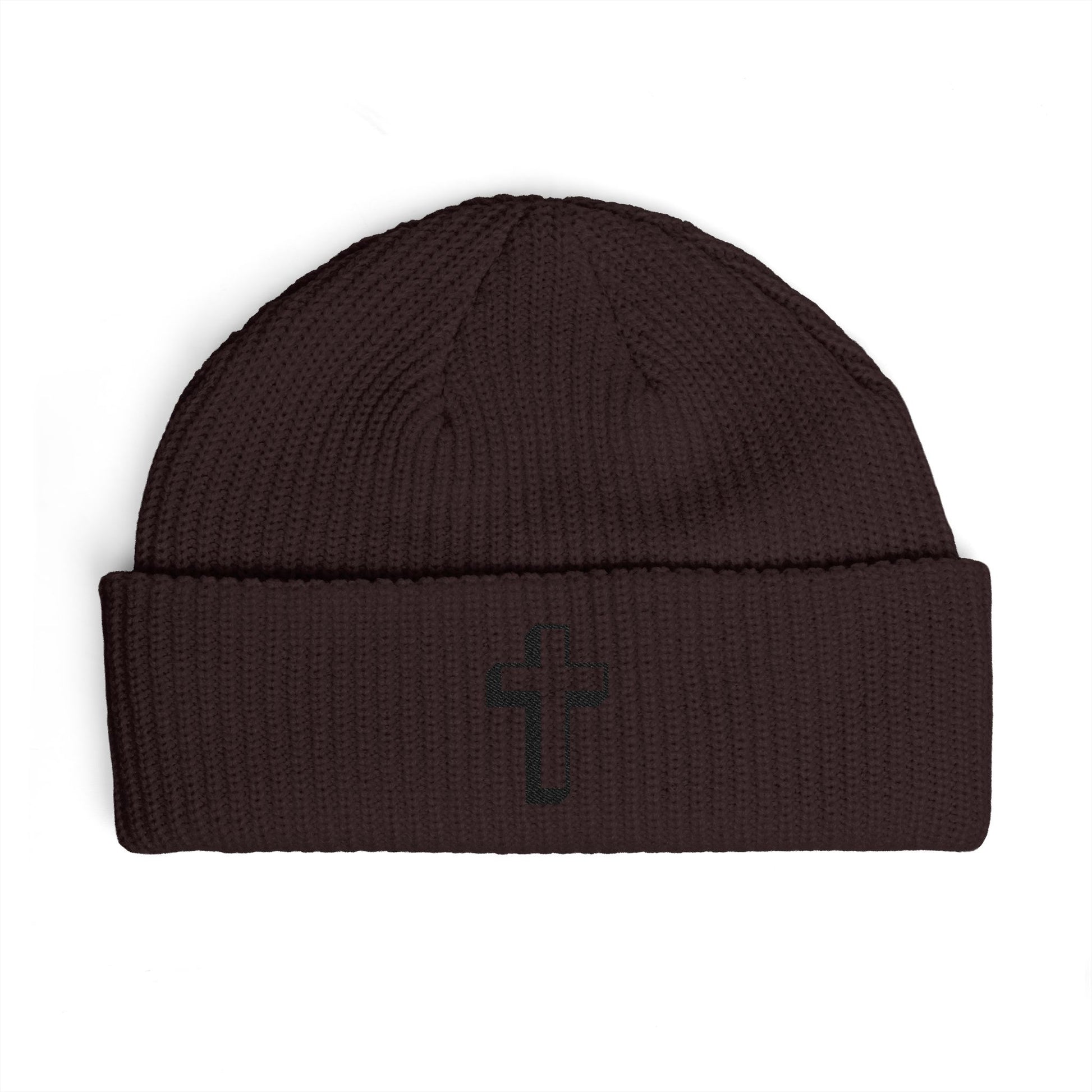 Embroidered Cross Cuff Beanie — Minimal Faith Knit Hat Hats Printify One size Plum