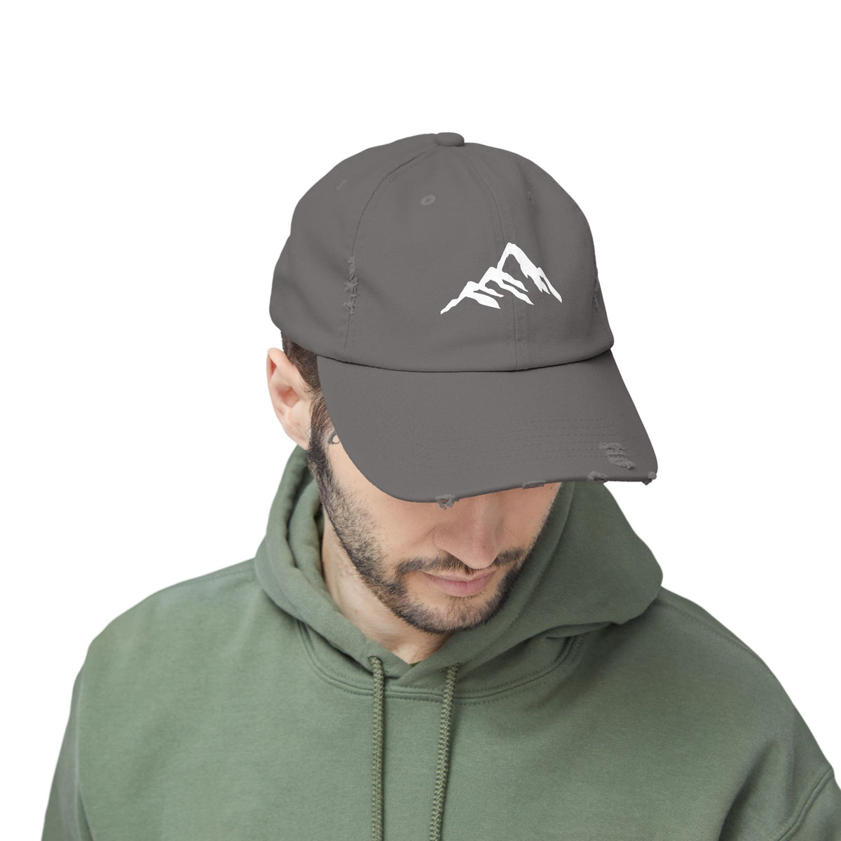 Distressed Mountain Hat — Minimal White Peak Embroidered Cap