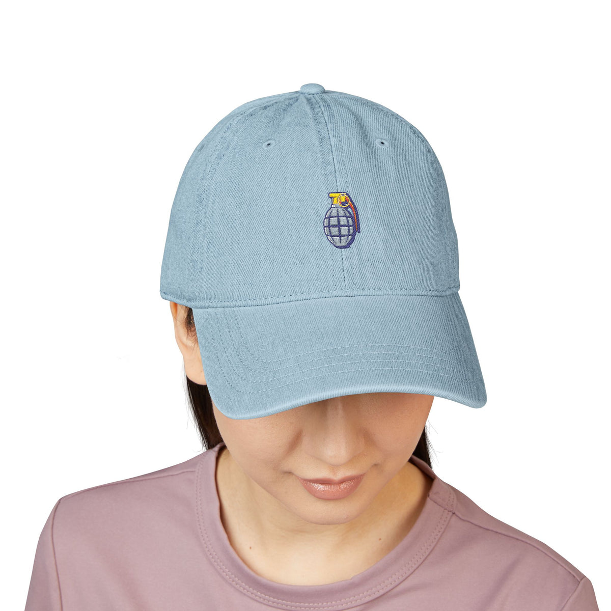 Embroidered Grenade Cap – Military-Inspired Black Denim Hat Hats Printify