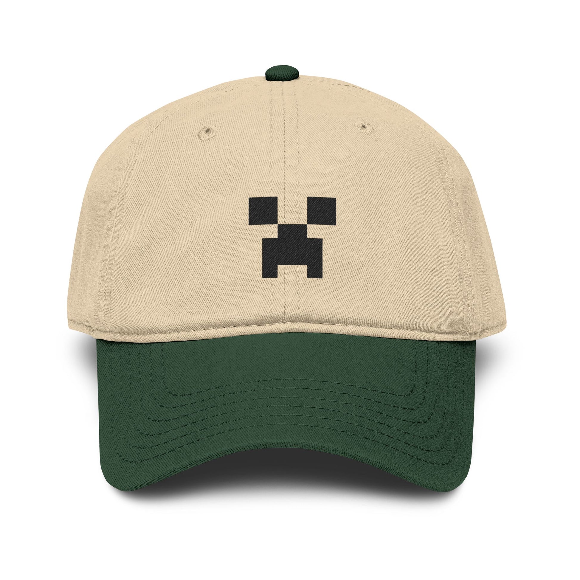 Pixel Creeper Face Cap | Washed Baseball Cap Hats Printify One size Dark Green / Khaki