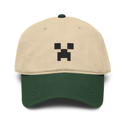 Pixel Creeper Face Cap | Washed Baseball Cap Hats Printify One size Dark Green / Khaki