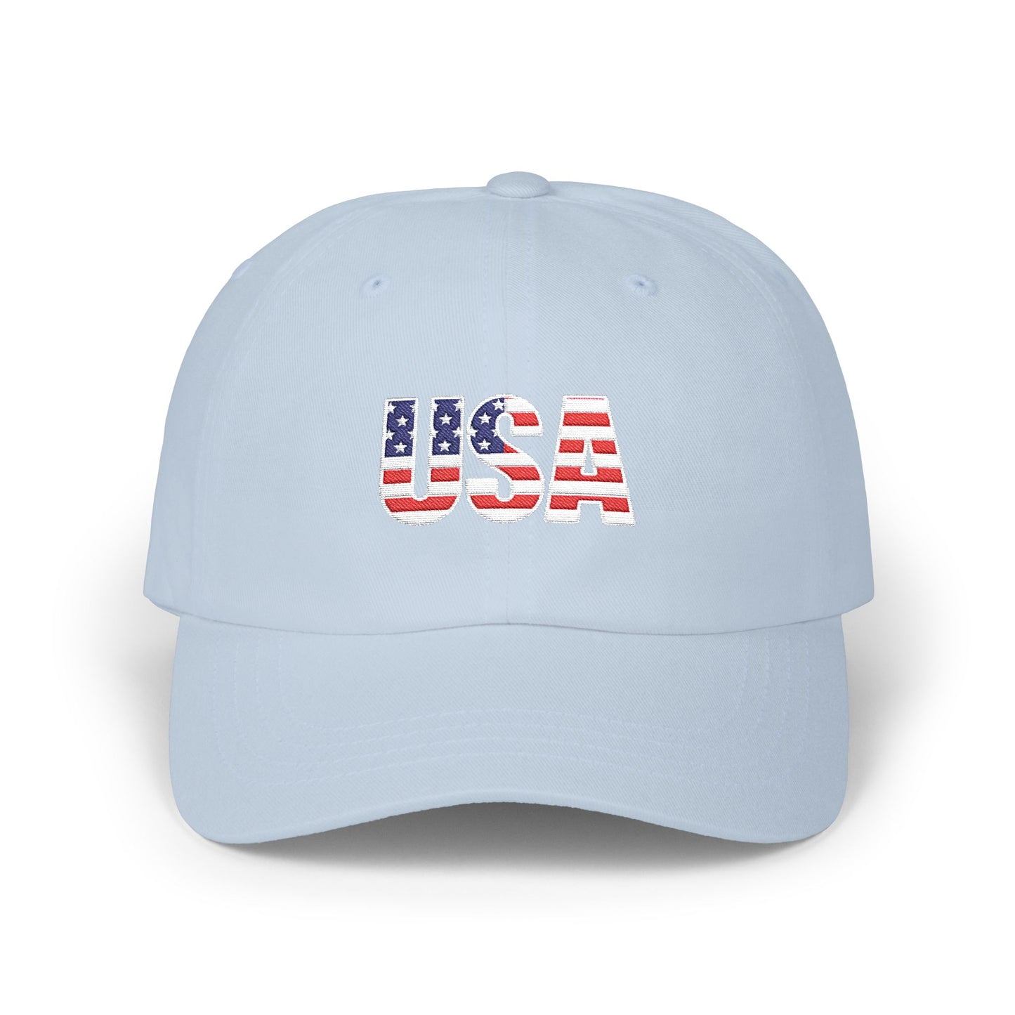 USA Flag Embroidered Dad Cap — Patriotic Classic Baseball Hat for Fourth of July Hats Printify Light Blue One size