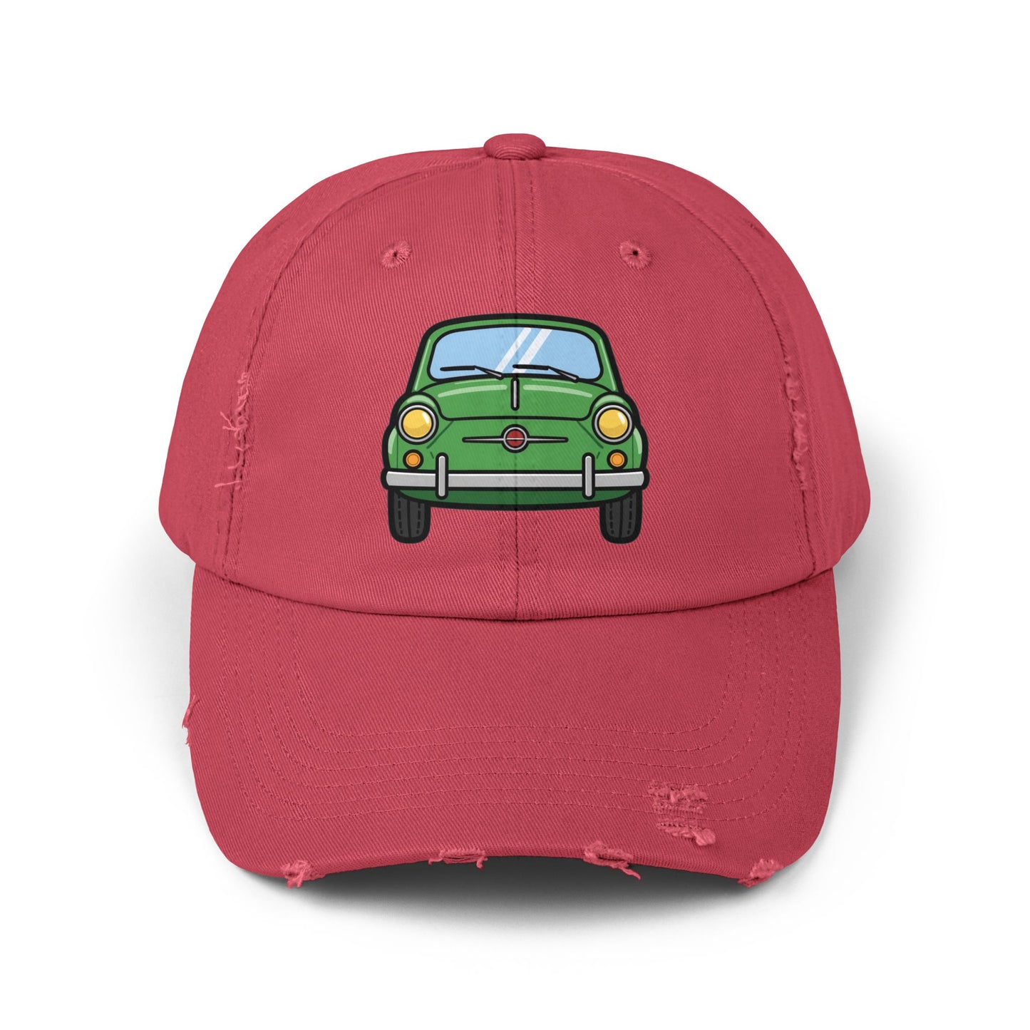 Distressed Cap — Retro Green Car Graphic Hat Hats Printify Dashing Red One size