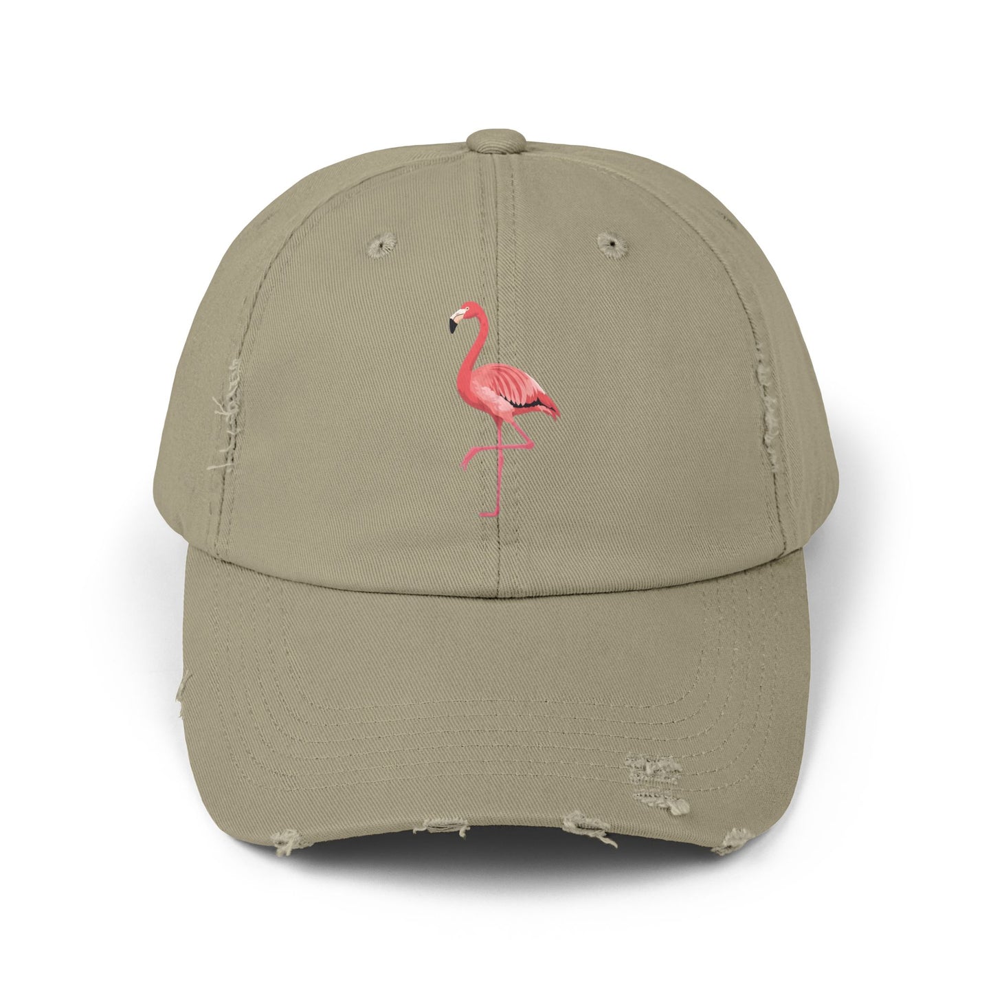 Distressed Flamingo Cap — Embroidered Pink Flamingo Baseball Hat Hats Printify Light Olive One size