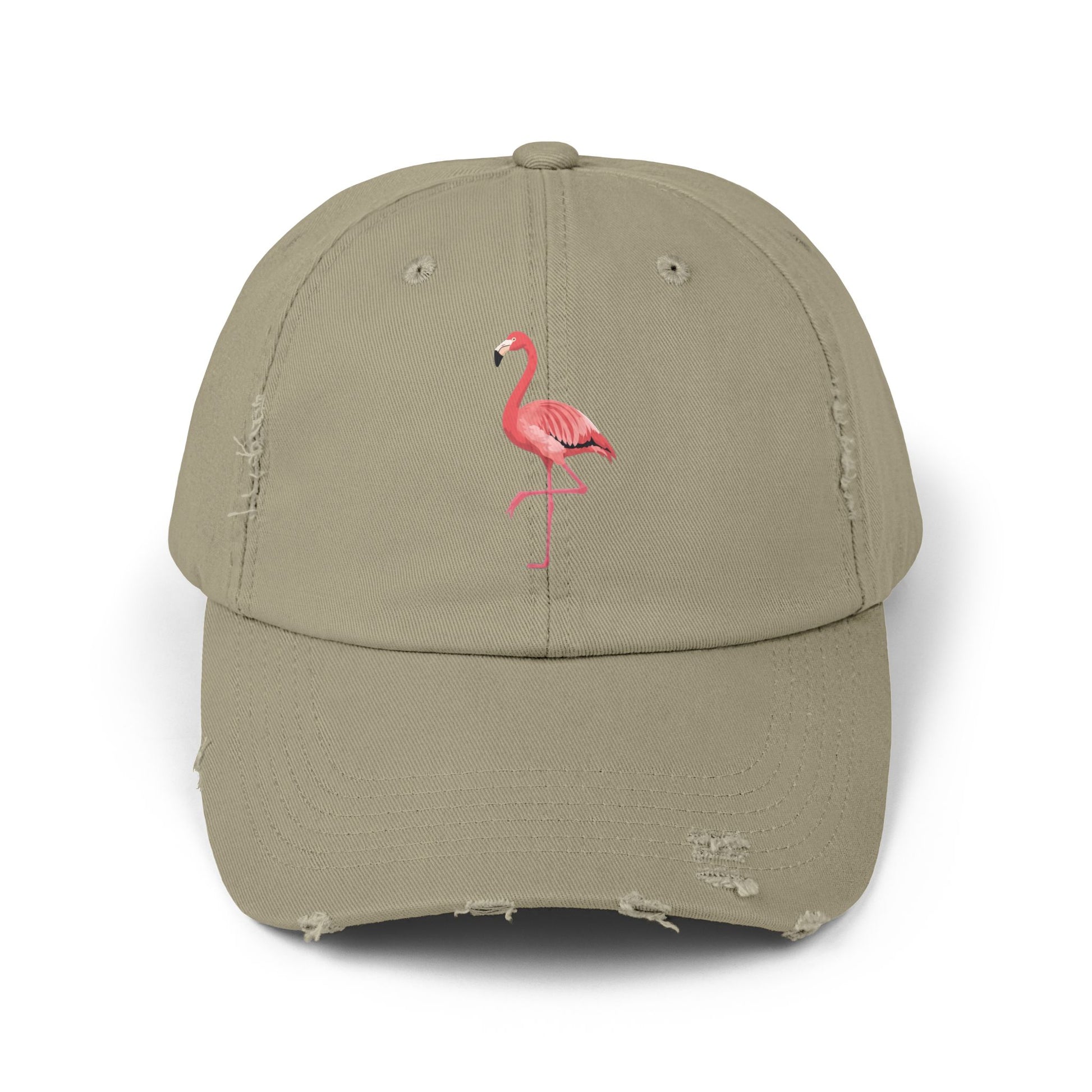 Distressed Flamingo Cap — Embroidered Pink Flamingo Baseball Hat Hats Printify Light Olive One size